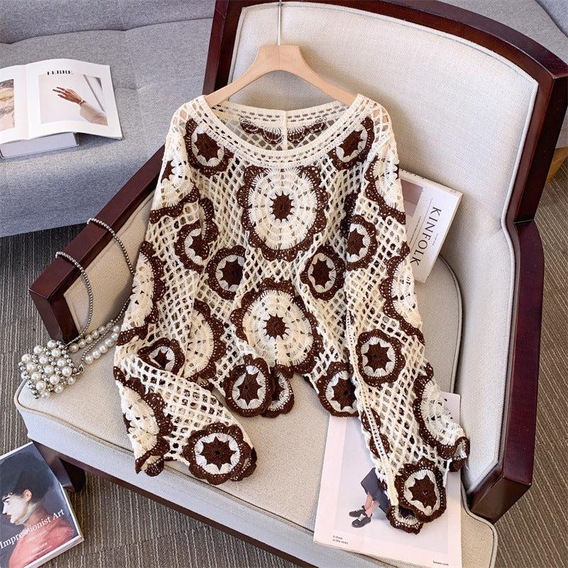 Crocheted Hollow Lantern Sleeve Pullover Bamboo Cotton Loose Socialite Top - crocheted hollow