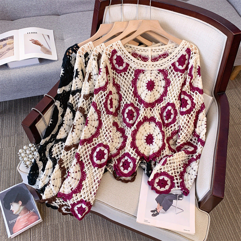 Crocheted Hollow Lantern Sleeve Pullover Bamboo Cotton Loose Socialite Top - crocheted hollow