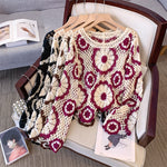 Crocheted Hollow Lantern Sleeve Pullover Bamboo Cotton Loose Socialite Top - crocheted hollow