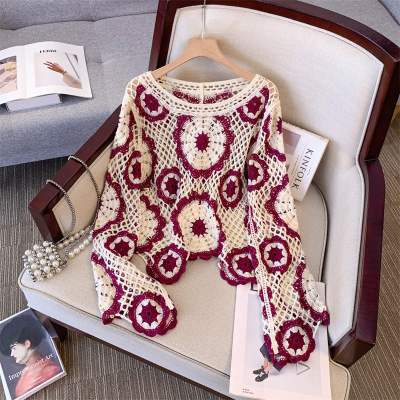 Crocheted Hollow Lantern Sleeve Pullover Bamboo Cotton Loose Socialite Top - crocheted hollow