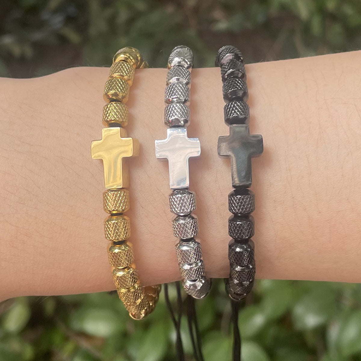 Cross-border Stainless Steel Gold-plated Cross Pineapple Beads Beaded Weave Bracelet - Cross Bracelet Stainless Steel