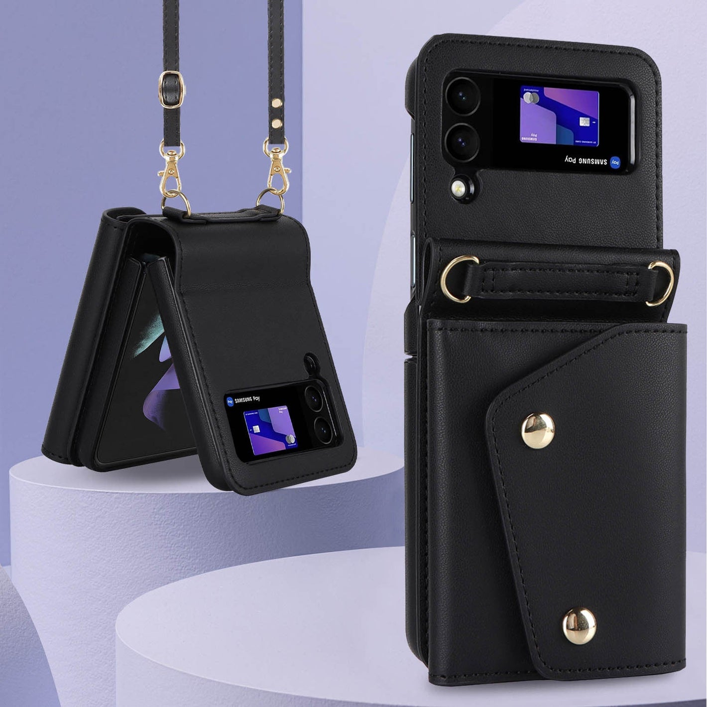 Crossbody Folding Leather Phone Case with Card Slot and Lanyard for Samsung - Multi-card crossbody folding leather