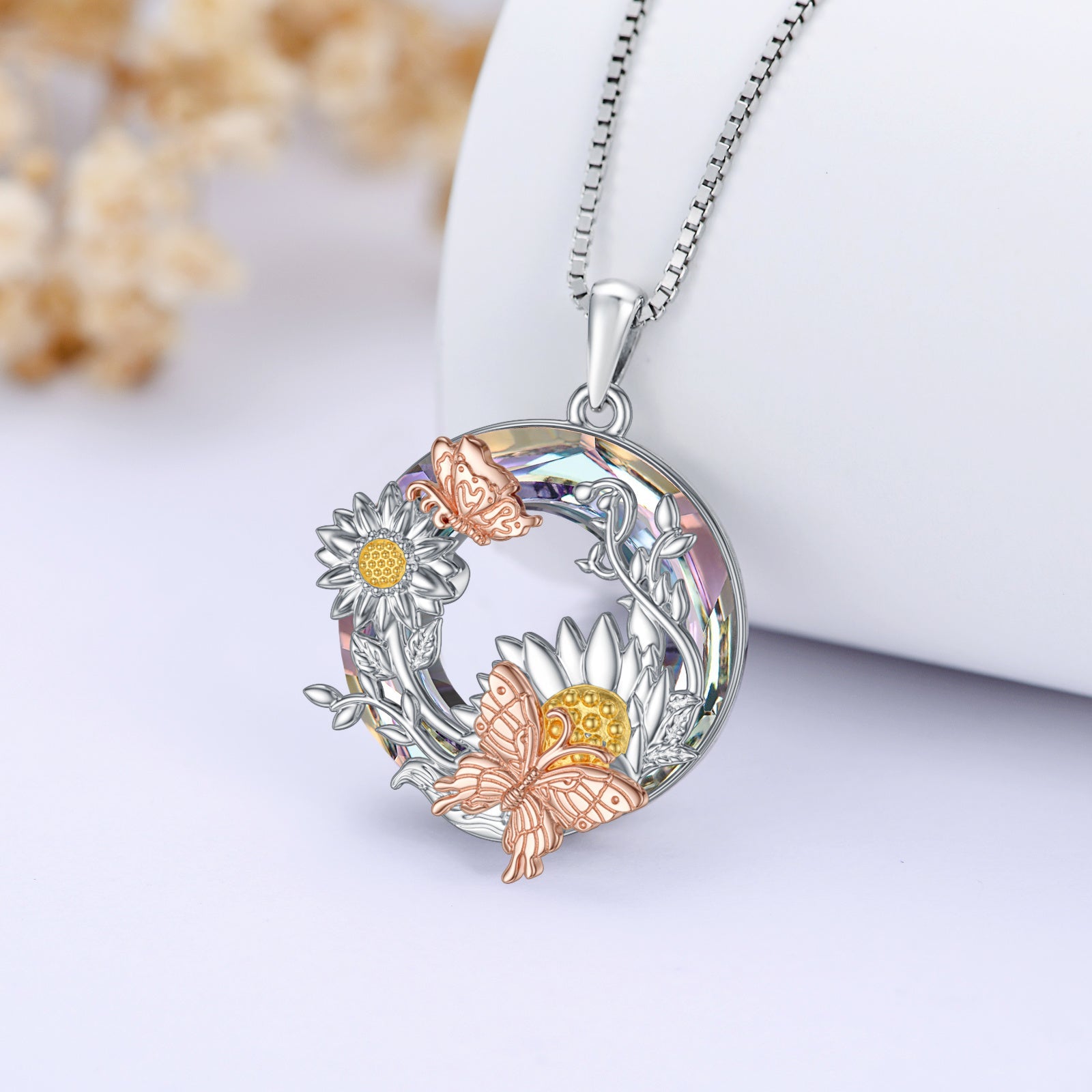 Crystal Sunflower Butterfly Necklace in Rose Gold and Gold Plated Sterling Silver - Rose Gold Butterfly Necklace