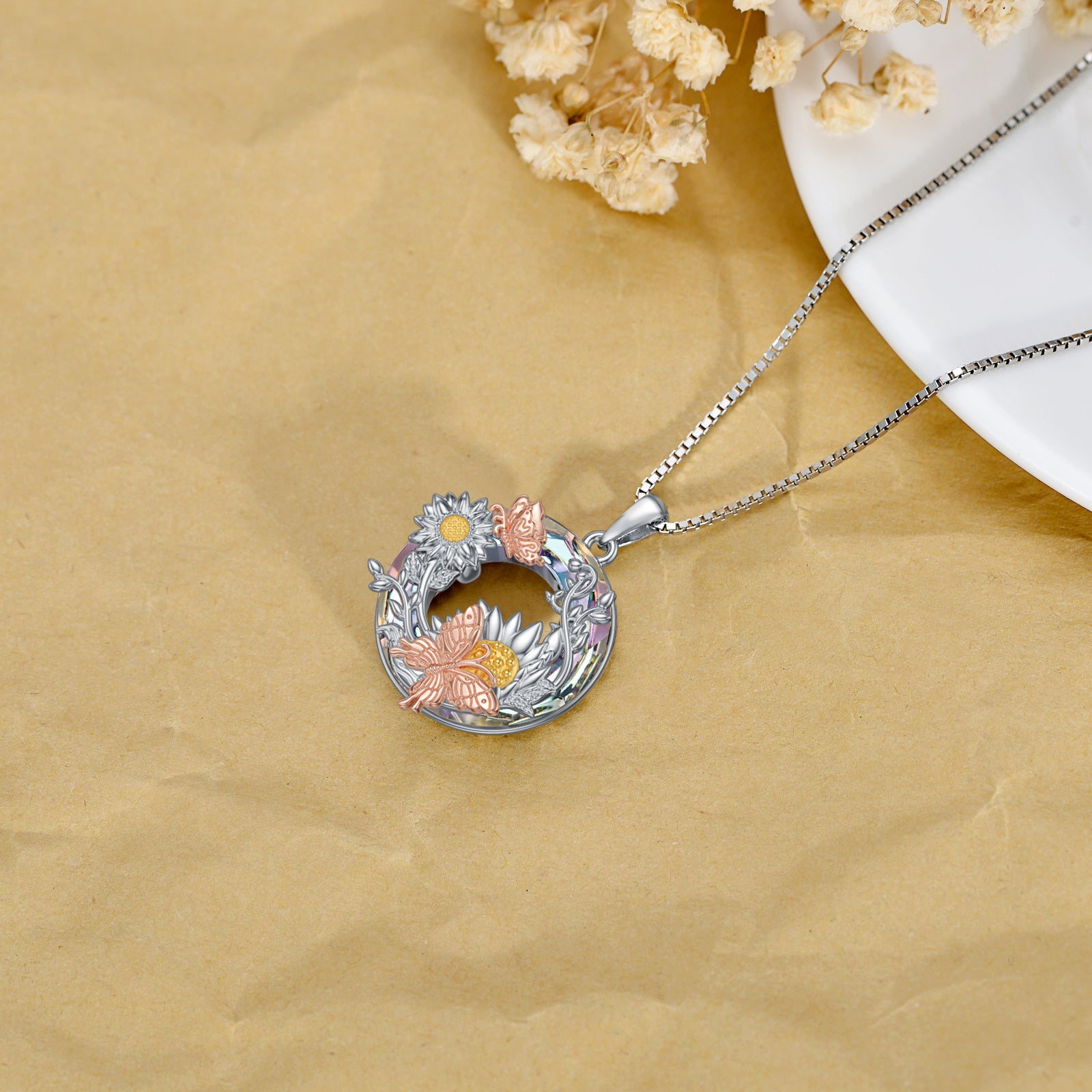 Crystal Sunflower Butterfly Necklace in Rose Gold and Gold Plated Sterling Silver - Rose Gold Butterfly Necklace