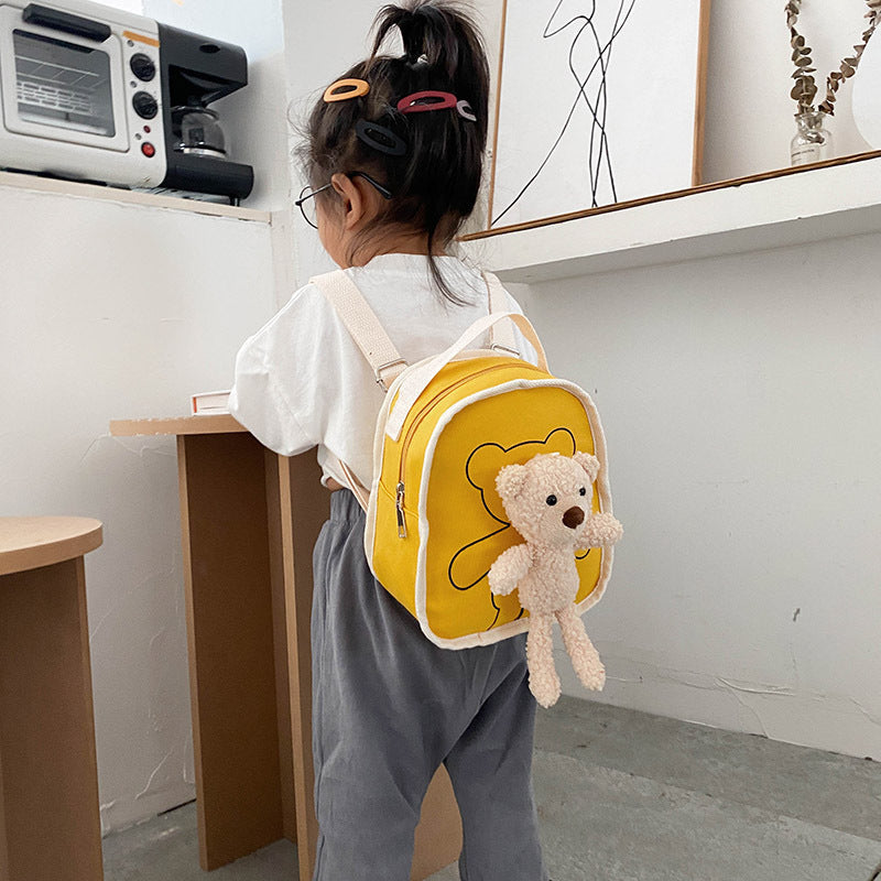 Cute Bear Doll Mini Canvas Kindergarten Backpack - Adorable Bear Doll Bag for Tiny Trouble Makers