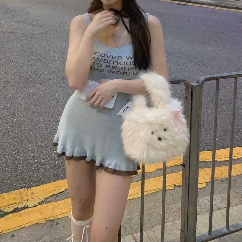 Cute Furry Puppy Portable Bag with Bowknot Design for Daily - Teleplus cute furry puppy portable bowknot bag