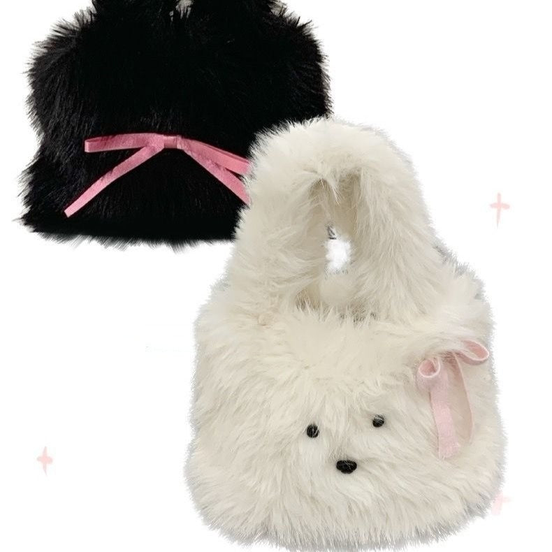 Cute Furry Puppy Portable Bag with Bowknot Design for Daily - Teleplus cute furry puppy portable bowknot bag