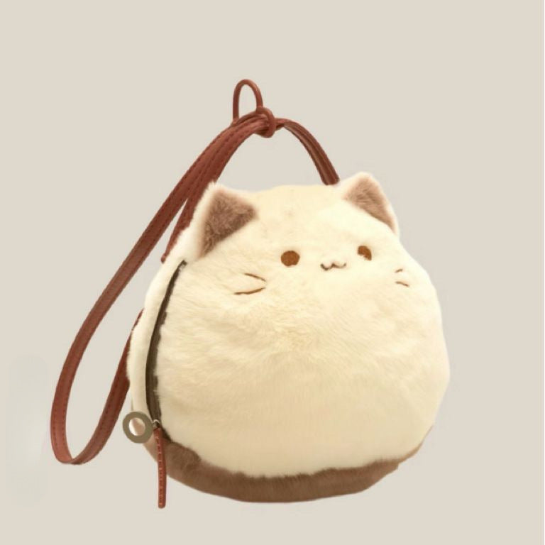 Cute Plush Cat Handbag Small Polyester Crossbody Bag with Shoulder Strap - cute plush cat handbag small