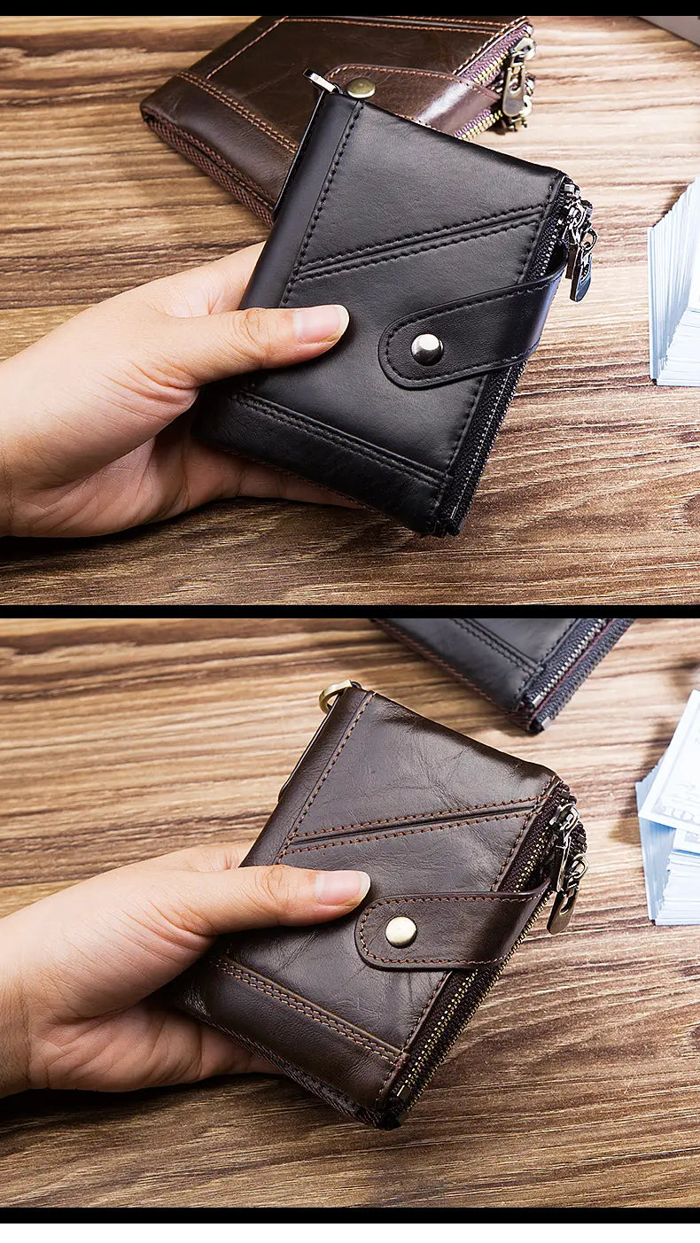 Leather Cortex Wallet with Double Zipper Buckle and Secure Internal Compartments
