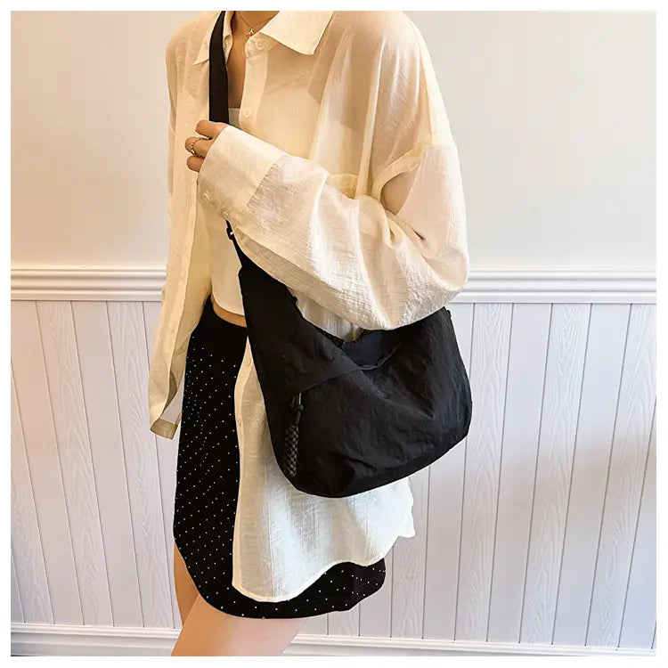 Nylon Messenger Bag Beige Black Travel Crossbody Shoulder Suitcase Purse