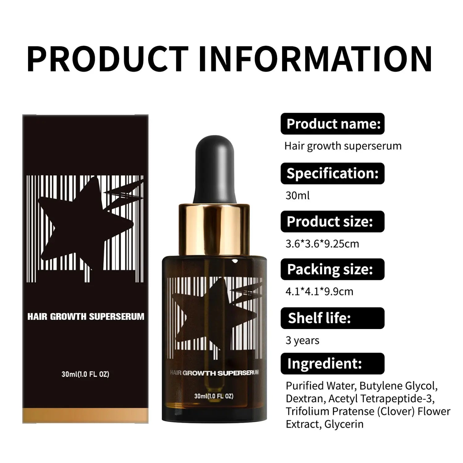 Meeste valgete juuste kasvuõli tiheda 30 ml musta olemuse jaoks