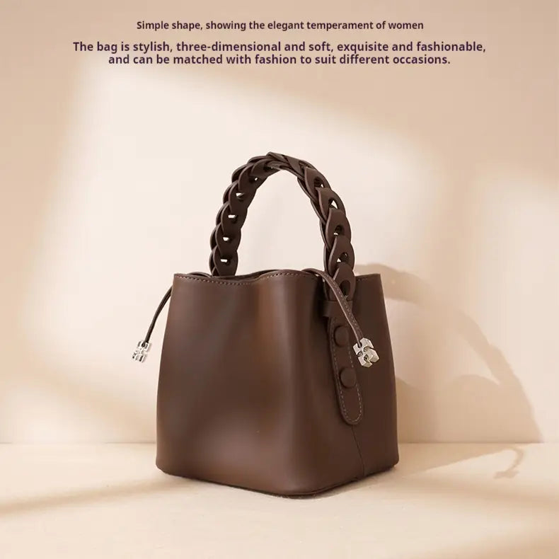 Cowhide Cross Body Bucket Bag med bomullsforfôr og åpen lomme medium størrelse