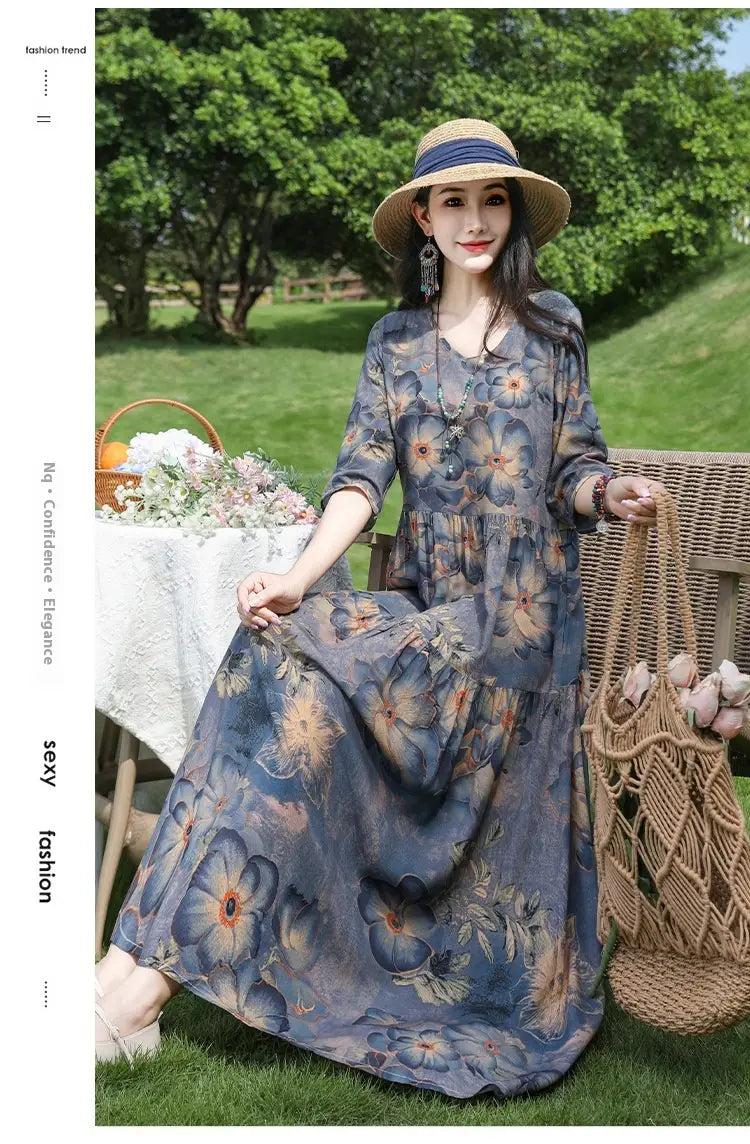 Plus-kokoinen Retro Art A-Line MIDI -hame Viscoosi Lyhythihainen mekko Naiset