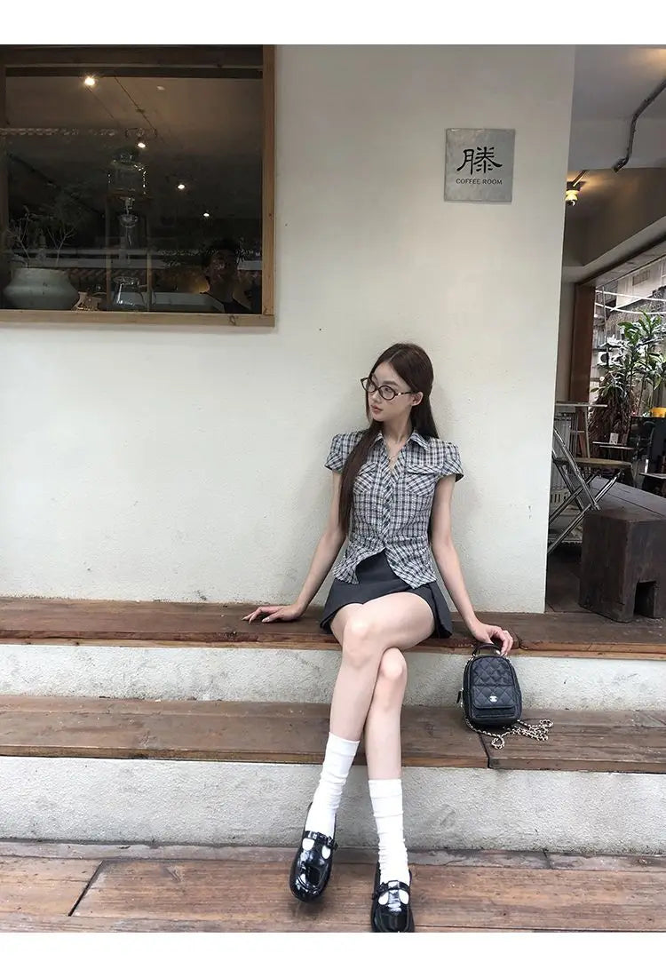 Plaid Cotton Short Sleeve Shirt for Women Men Loose Fit Spring Summer