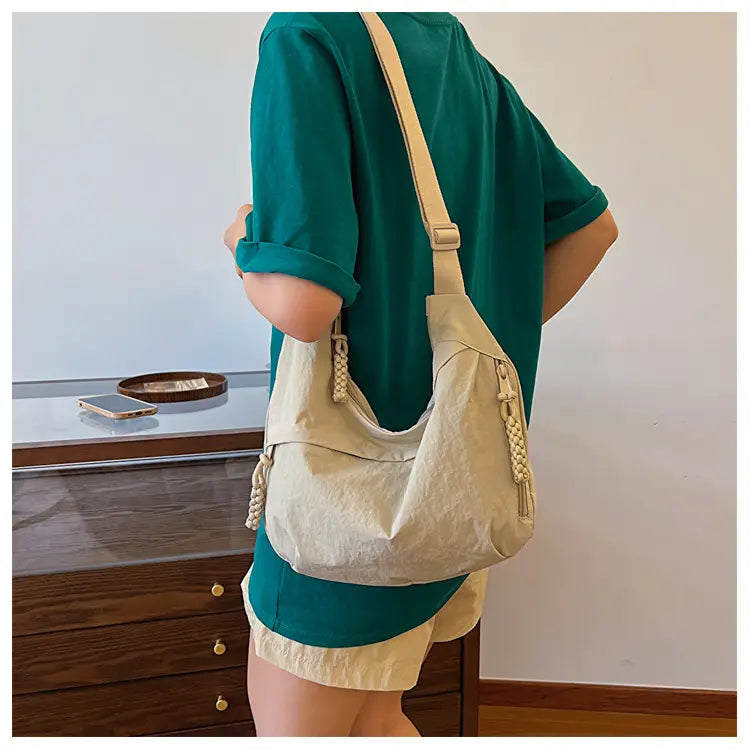 Nylon Messenger Bag Beige Black Travel Crossbody Shoulder Suitcase Purse