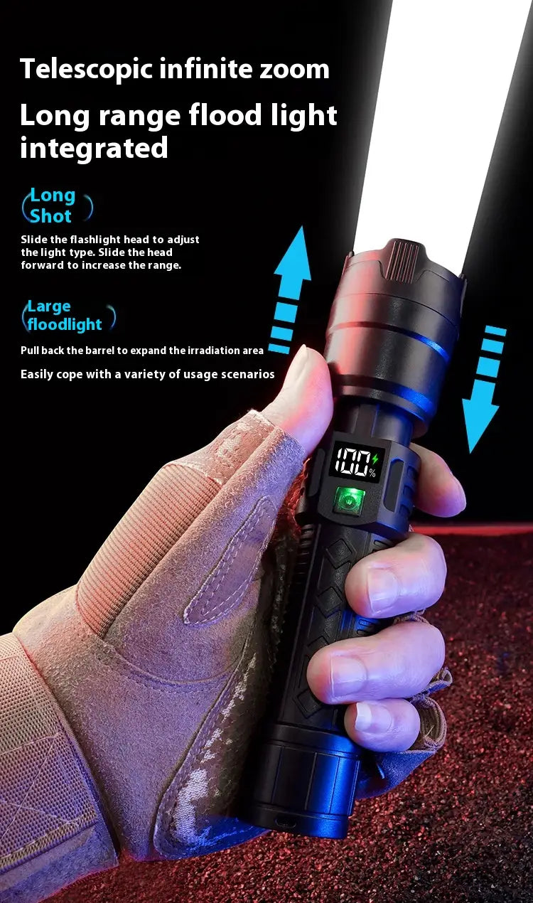 Black Digital Focus Flashlight with Portable Long Endurance and Strong Light