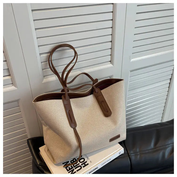 Canvas Shoulder Bag Large Oxford Tote Black Brown Double Strap for Travel Work