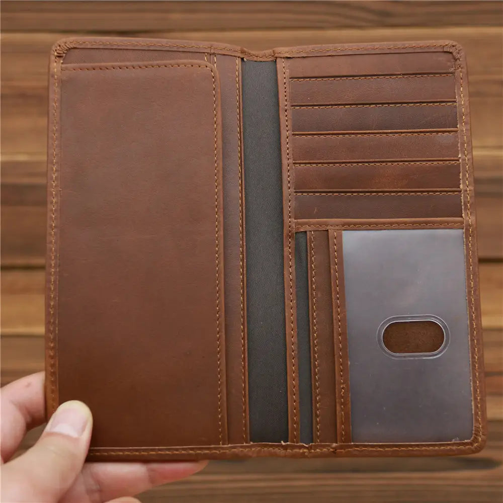 European Retro Leather Long Wallet for Men in Dark and Reddish Brown