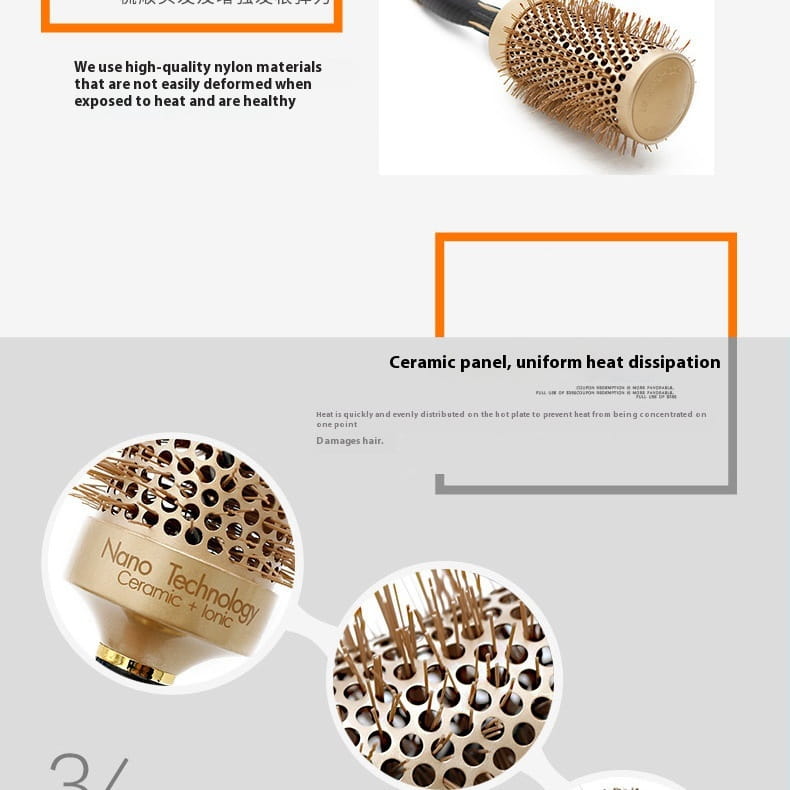 Golden Nylon Wool Ceramic Tube Rolling Comb with Pointed Tail for Hair Styling