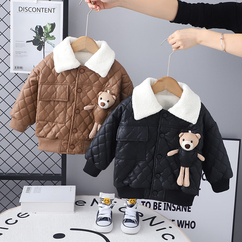 Boys’ Thick Leather Coat Lapel Long-sleeved Jacket