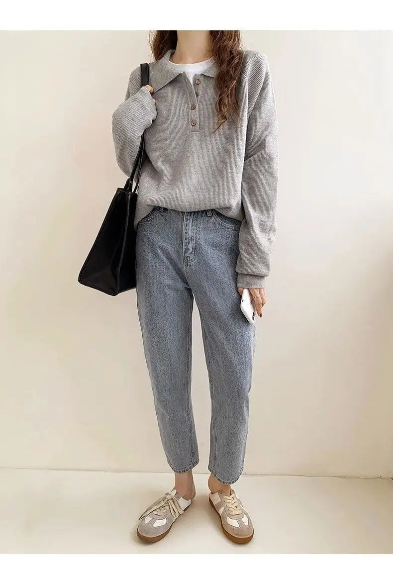 Egységes színű hosszú ujjú felső szürke fekete könnyű alkalmi pulóver ing