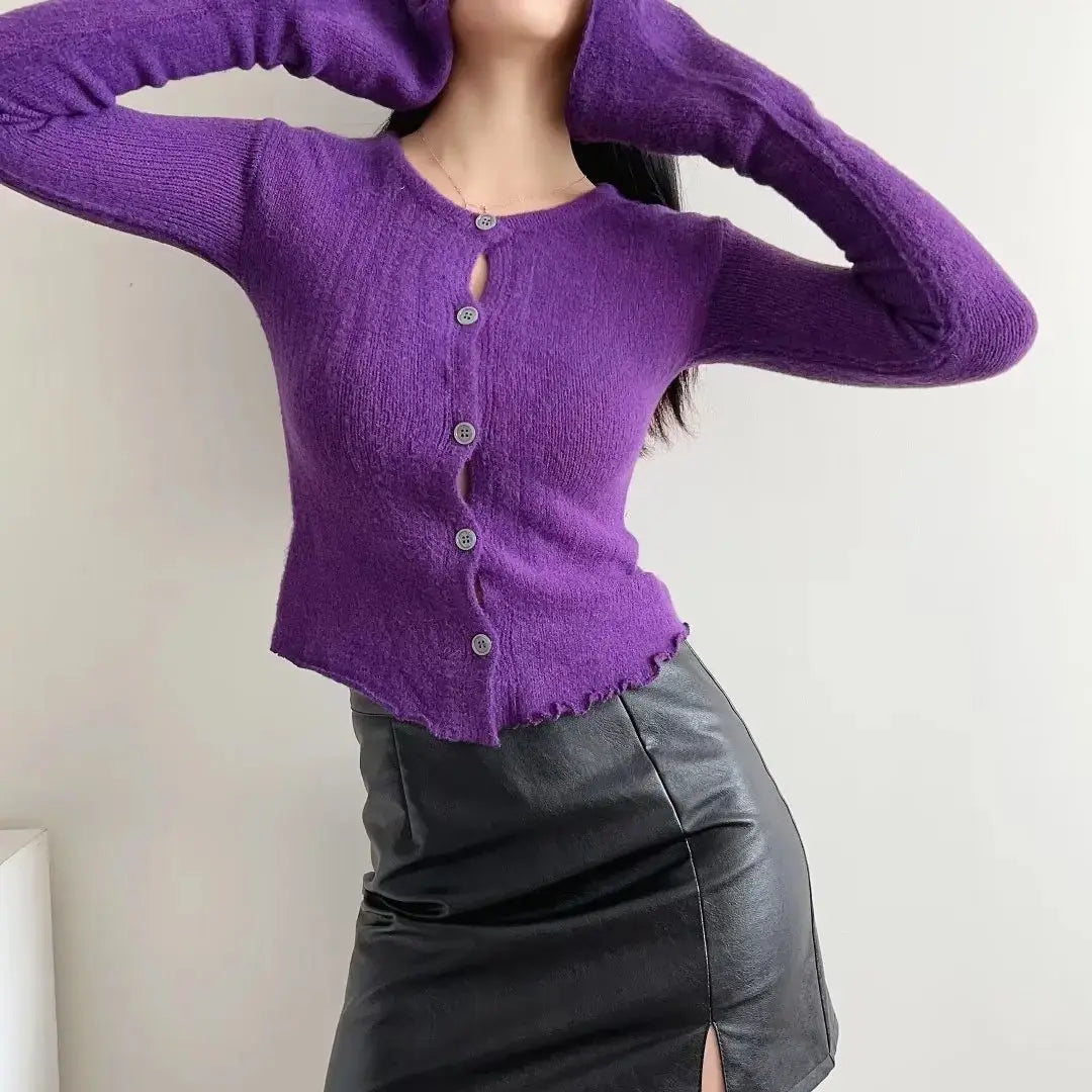 Sleeve Bell Plush Knit Cardigan Slim Slim Fit Hipster Stíl Sráid Cotton