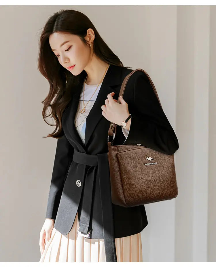 Rucsac cu valiză cu găleată din piele moale cu buzunar telefonic mai multe culori