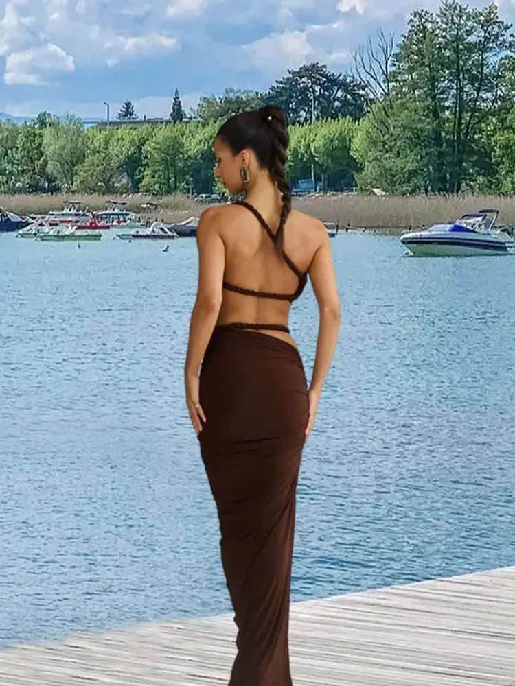 Long Skirt Two Piece Set Oblique Shoulder Spandex in Milky White Brown Blue