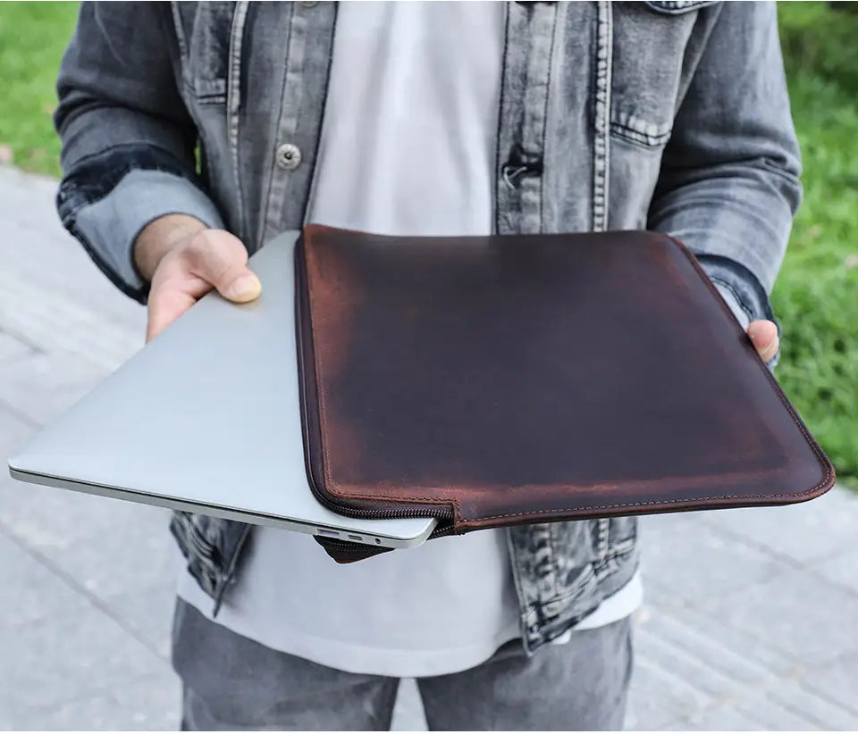 Brown Leather Laptop Sleeve Case for MacBook Pro 15 16 and iPhone Compatible