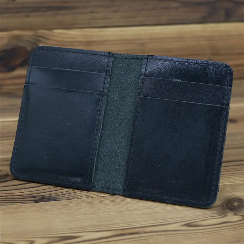 Unisex Cowhide Card Case Wallet with 2 Fold Open Mouth Design