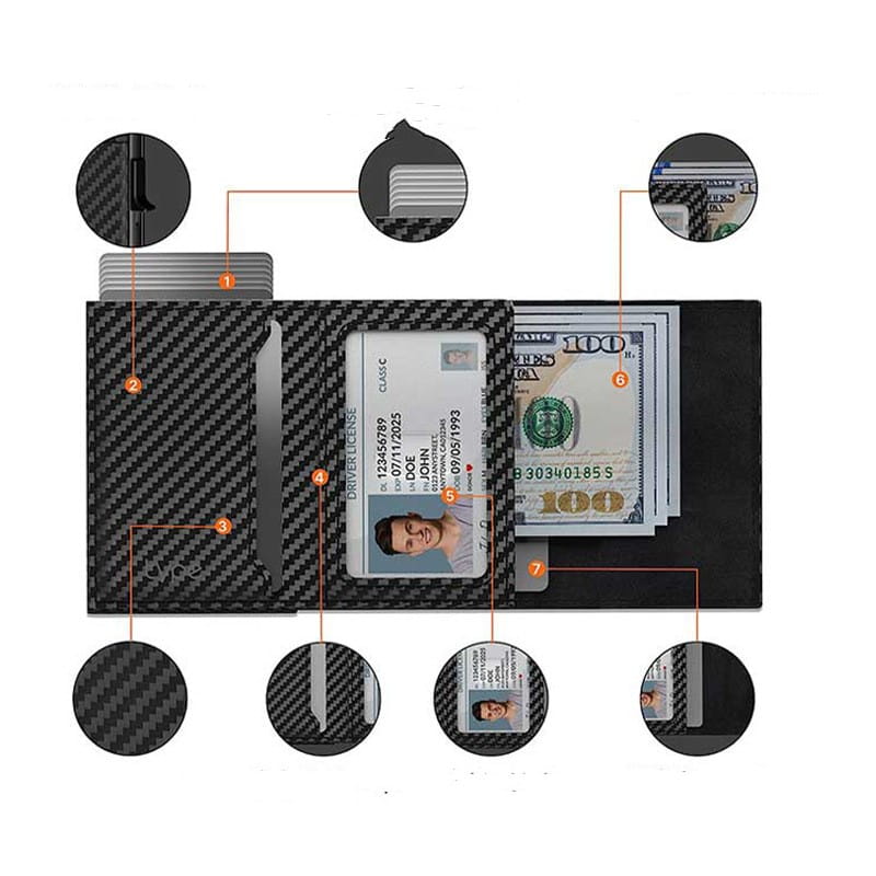 Black Anti-Theft Card Holder with Genuine Leather and Carbon Fiber Design