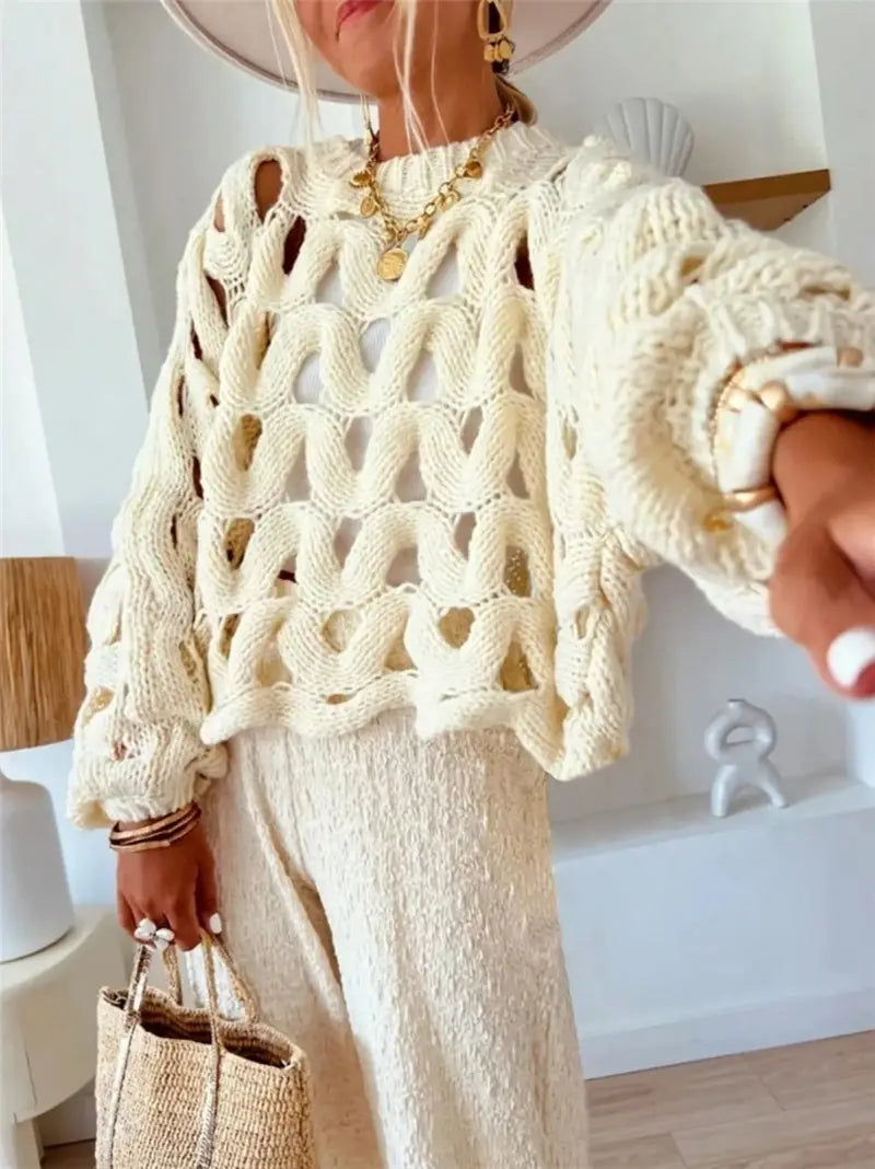 Crocheted Flowers Long Sleeve Pullover Sweater Apricot White S to XL