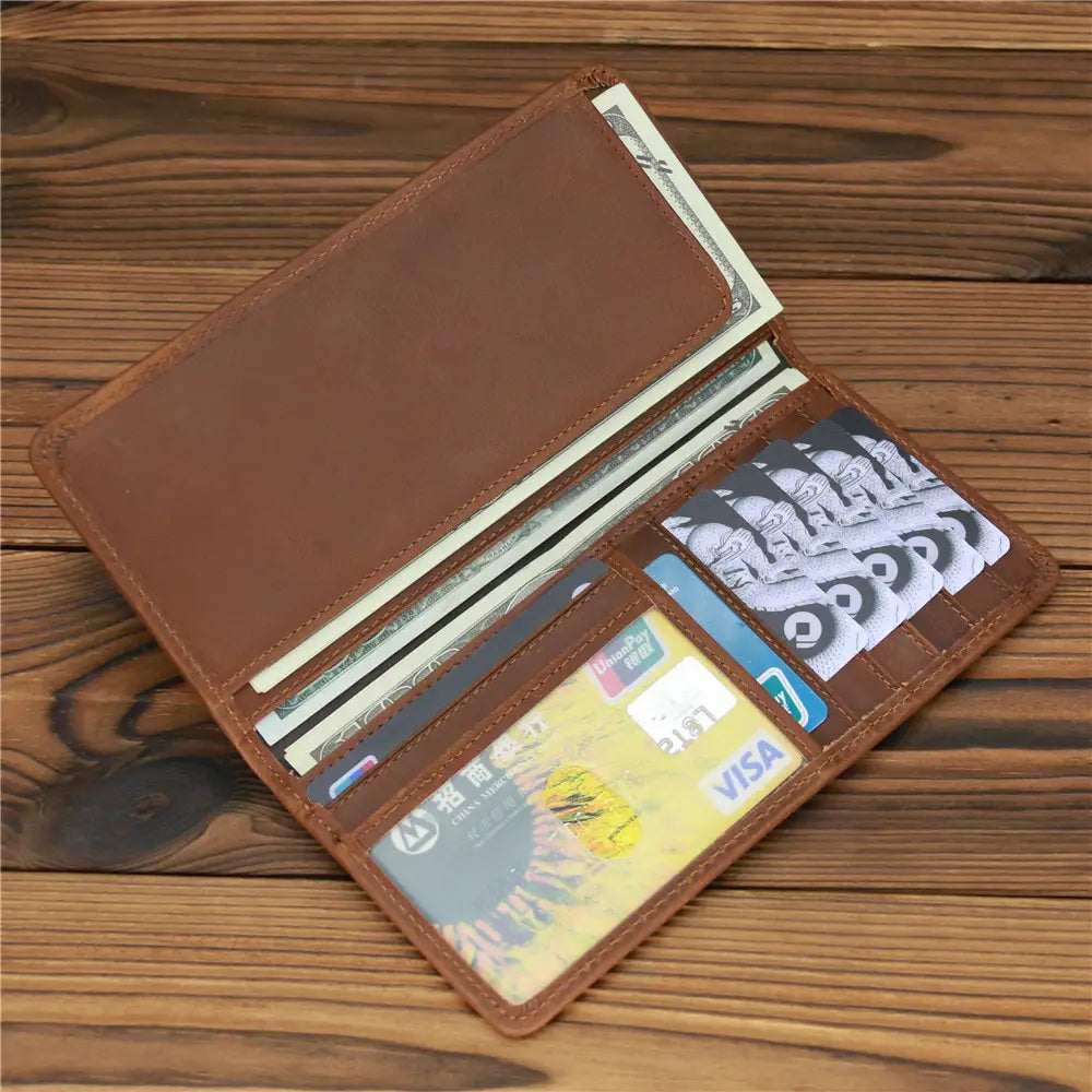 European Retro Leather Long Wallet for Men in Dark and Reddish Brown