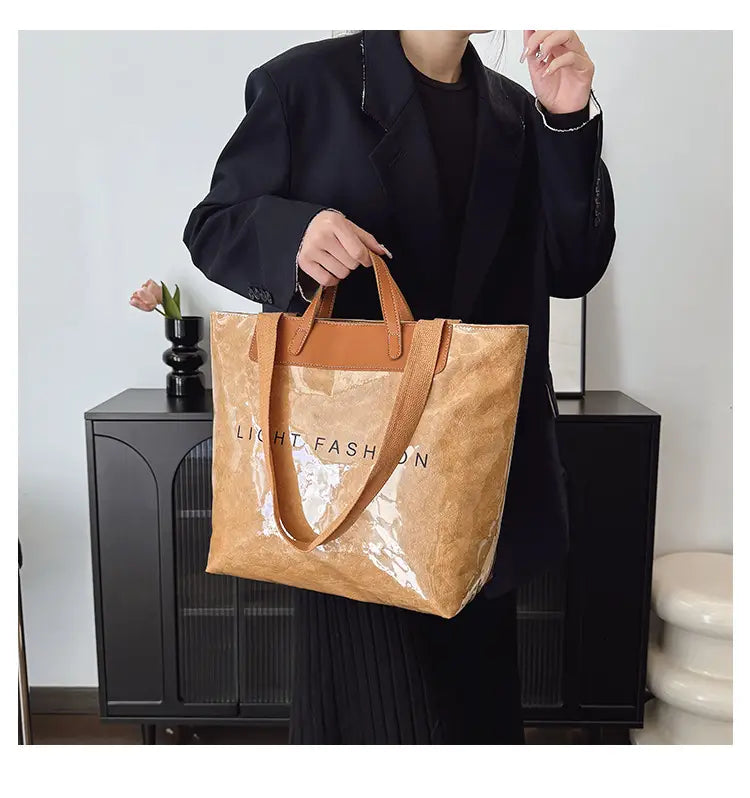 Kraft Paper Shoulder Bag Medium Square Tote in Neutral and Green Colors