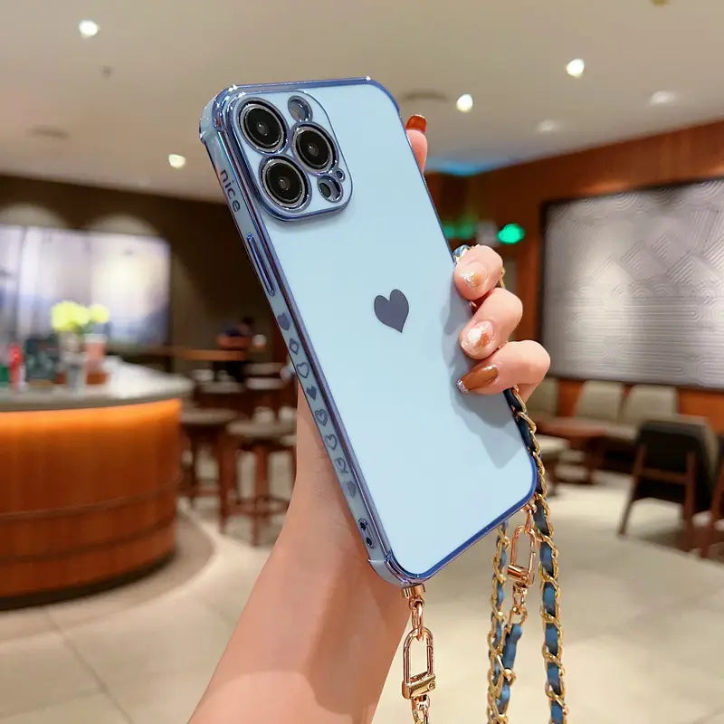 Electroplated Love Lanyard Phone Case for iPhone 11 12 8 with Anti-fall TPU