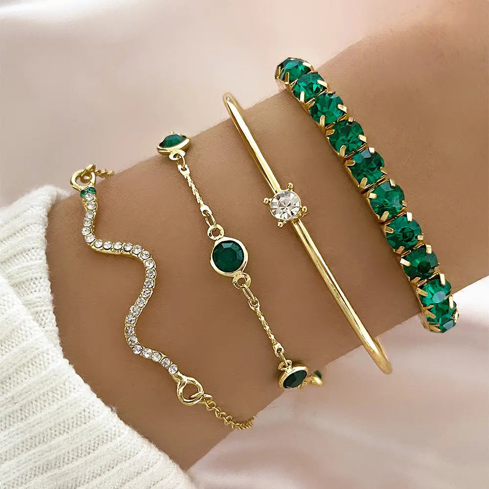 Fashion Green Grandmother Diamond Snake Style Alloy Bracelet Set