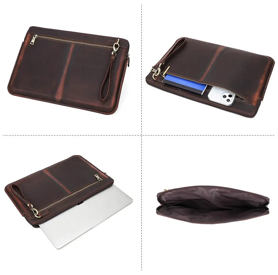 Brown Leather Laptop Sleeve Case for MacBook Pro 15 16 and iPhone Compatible