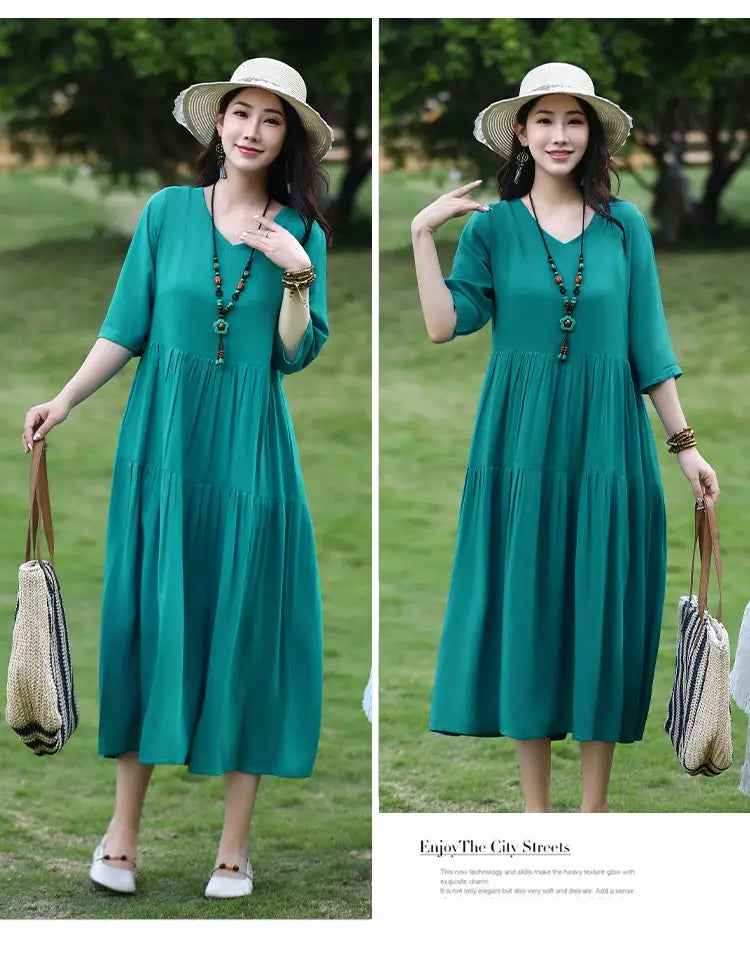 Plus-kokoinen Retro Art A-Line MIDI -hame Viscoosi Lyhythihainen mekko Naiset