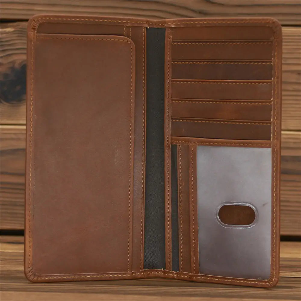 European Retro Leather Long Wallet for Men in Dark and Reddish Brown