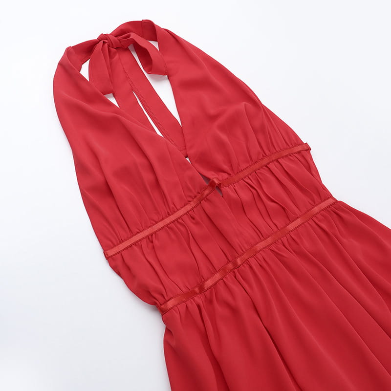 Falda corta sin espalda de cintura alta roja con tirantes poliéster s m l