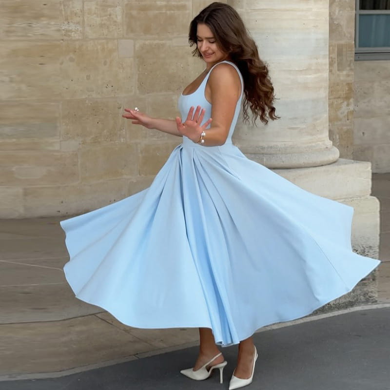 Sleeveless High Waist Midi Dress Milky White Black Blue Polyester S M L