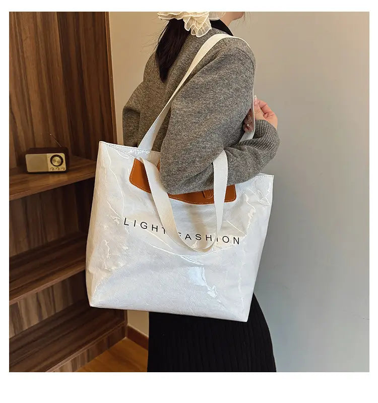 Kraft Paper Shoulder Bag Medium Square Tote in Neutral and Green Colors