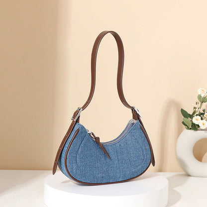 Denim Blue Oxford Cloth Shoulder Bag Medium Dumpling Tote Travel Handbag - Teleplus