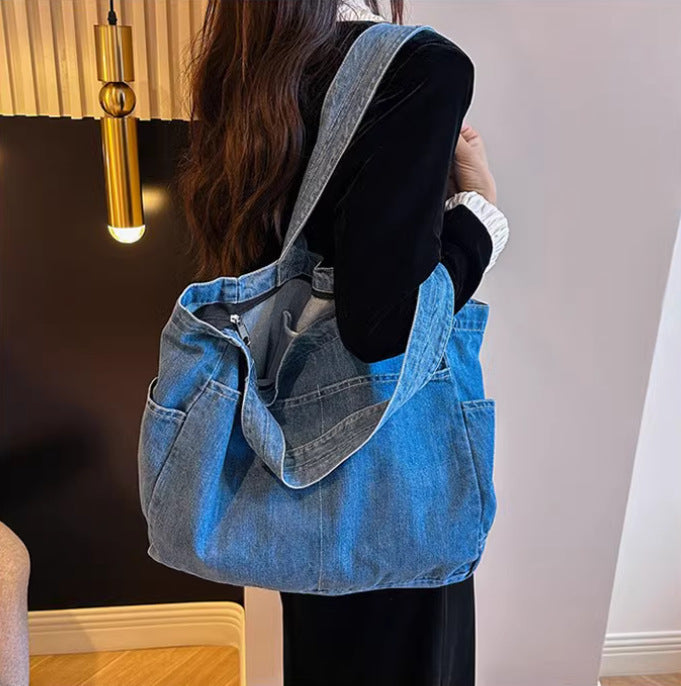 Denim Shoulder Bag Horizontal Square Tote with Outer Pocket and Multiple Colors