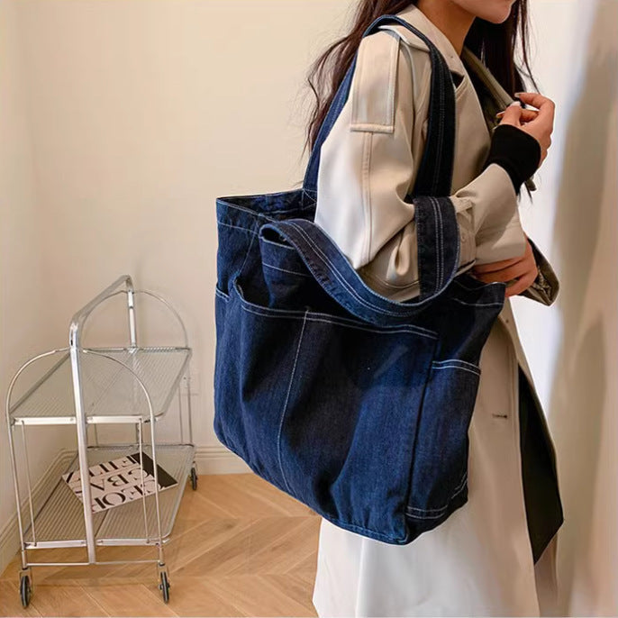 Denim Shoulder Bag Horizontal Square Tote with Outer Pocket and Multiple Colors