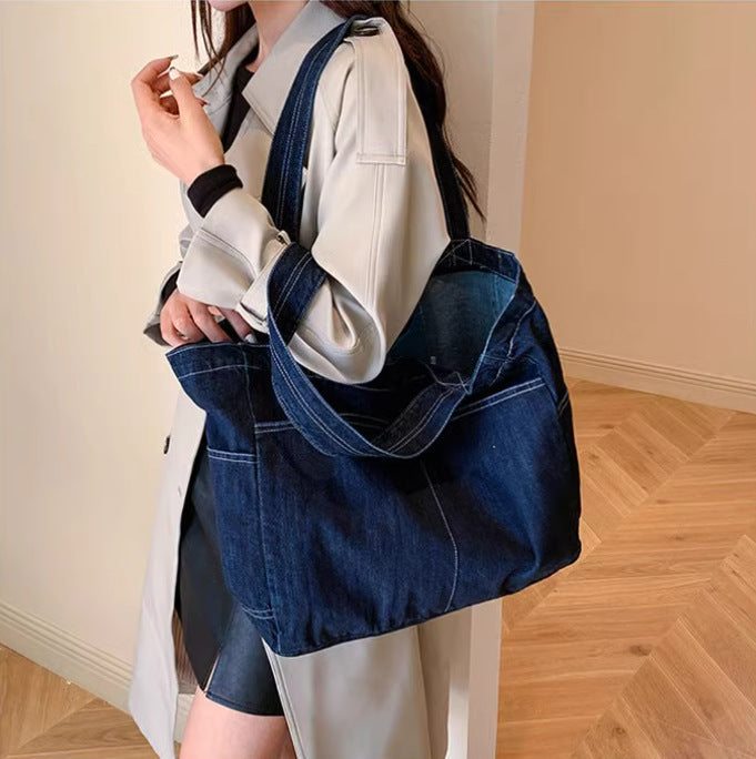 Denim Shoulder Bag Horizontal Square Tote with Outer Pocket and Multiple Colors