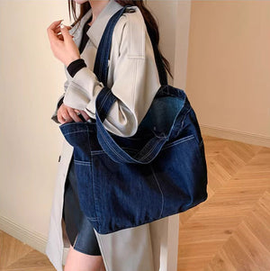 Denim Shoulder Bag Horizontal Square Tote with Outer Pocket and Multiple Colors - Teleplus