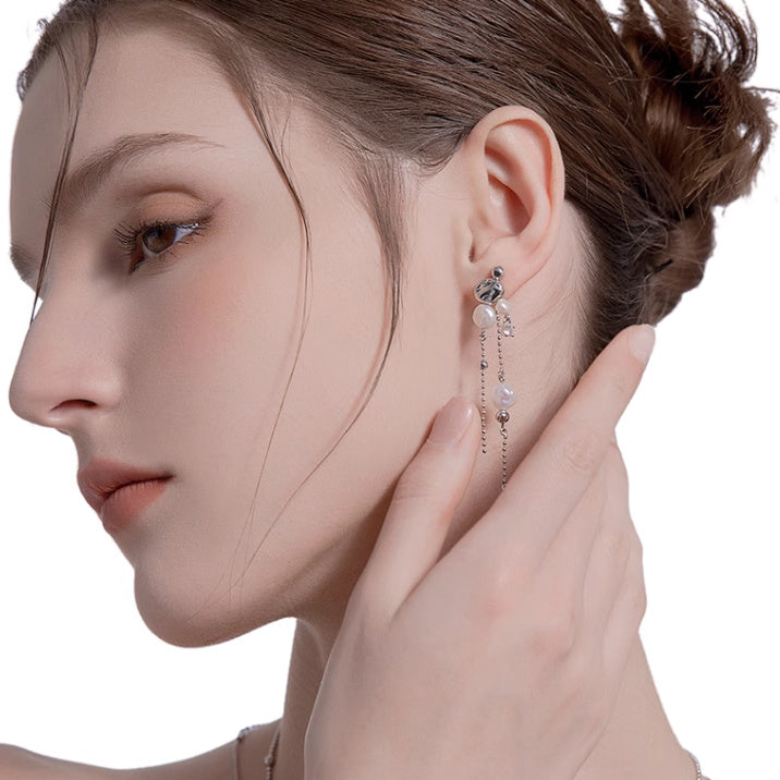 Design Shaped Baroque Cultured Pearl Earring Long Tassel - Get Tangled in Baroque Pearl Earring Fun