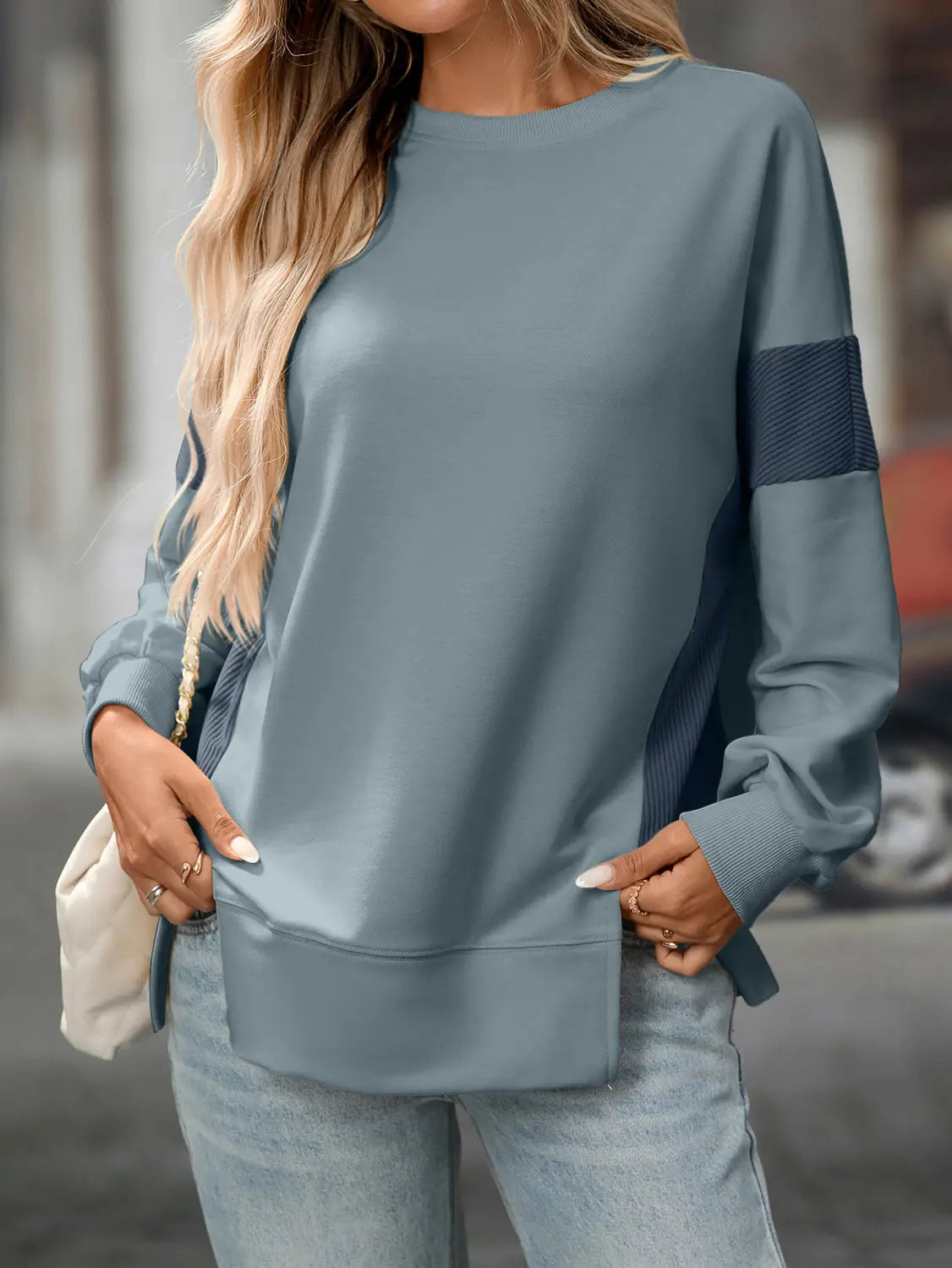 Moda de rua do suéter de pulôver colorida contraste do pescoço redondo para mulheres