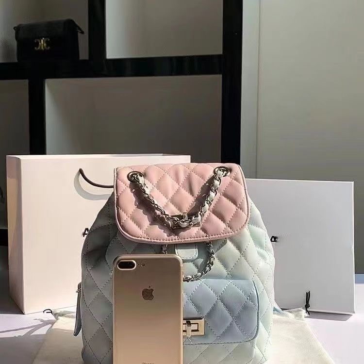 Diamond Grid Contrasting Chain Flap Backpack with Waterproof Synthetic Leather - Teleplus diamond grid contrasting